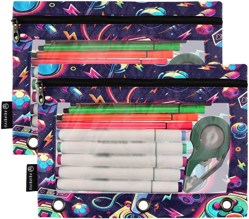 BOENLE Bright Game Joystick Pencil Pouch for 3 Ring Binder, 2 Pack Waterproof Pencil Bags Clear Window Zipper School Office Supplies - Image 2